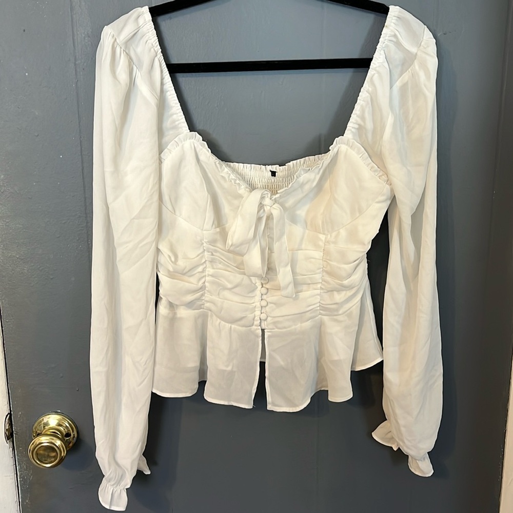 White flowy button up long sleeve shirt